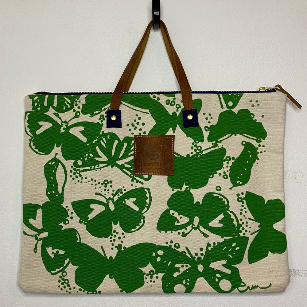 Erin Flett Kelly Green Butterflies Folder Canvas Tote Bag Zip Top Closure